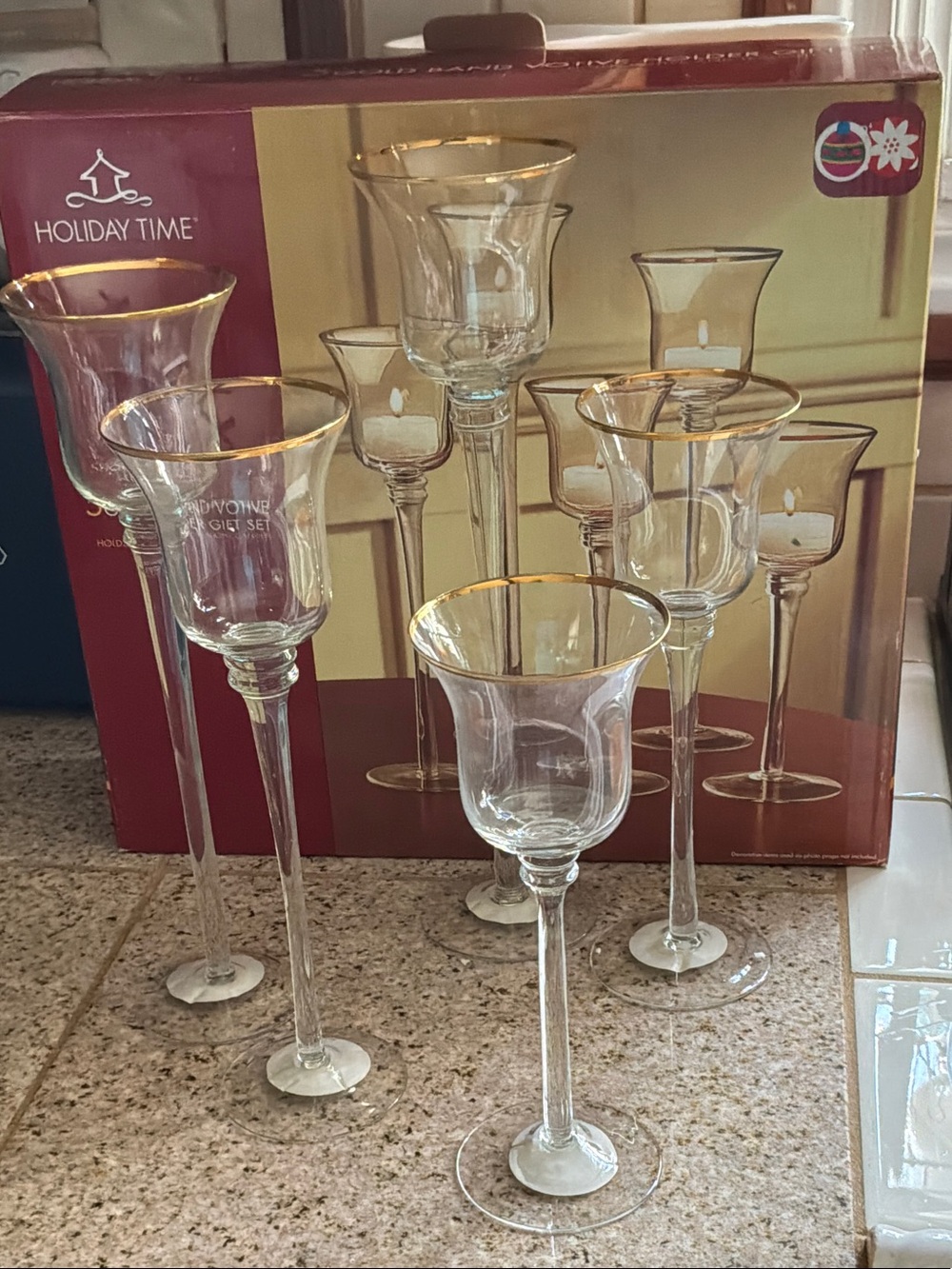Holiday Time Clear Glass Candle Holders with Gold Rim - Set of 5